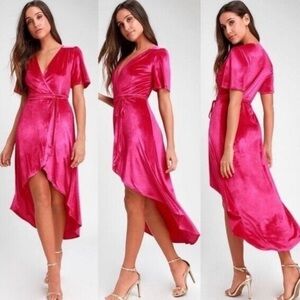 Lulu’s Amour Velvet Dress in Hot Pink High-Low Wrap Dress Short Mini Midi Length